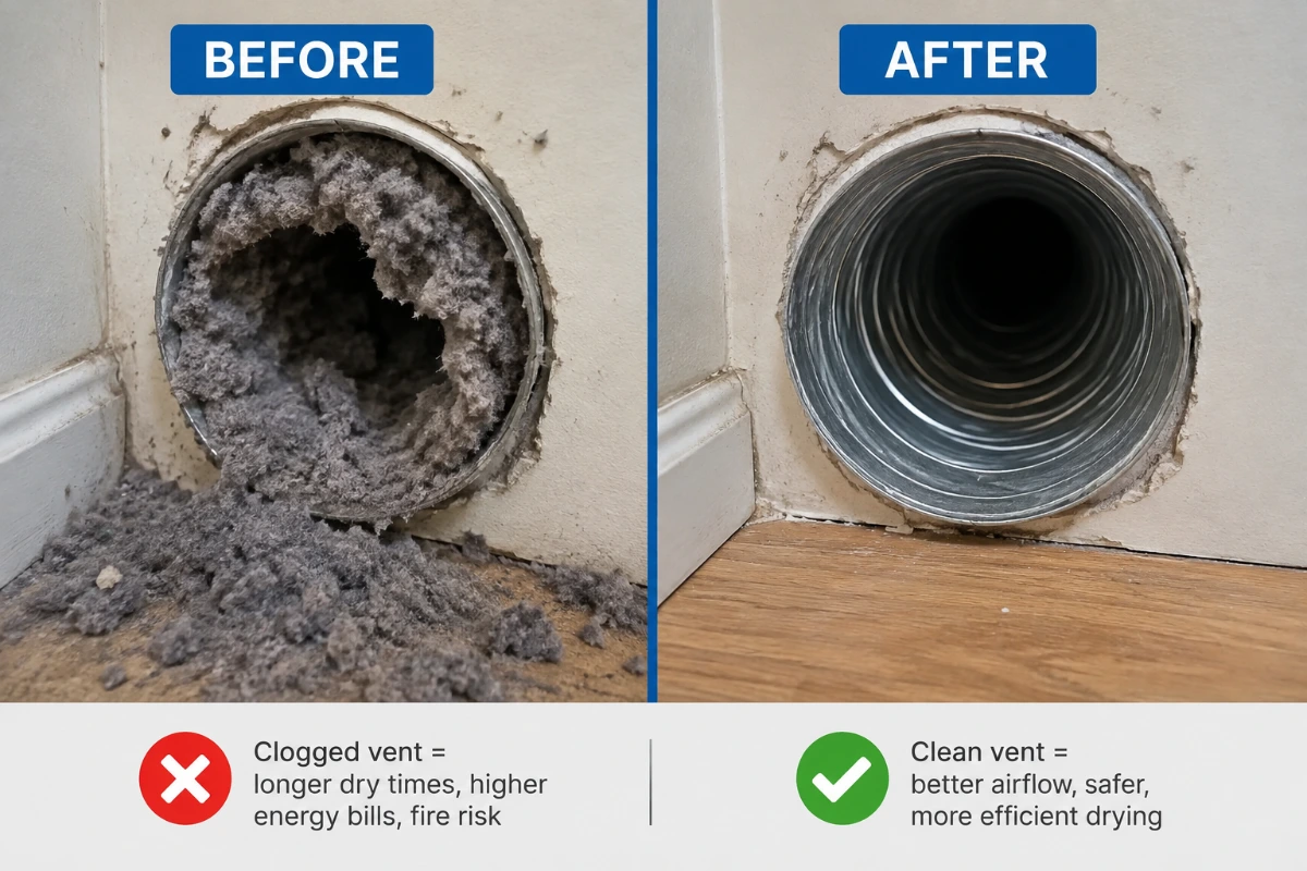 Dryer vent before and after professional cleaning in Ventura
